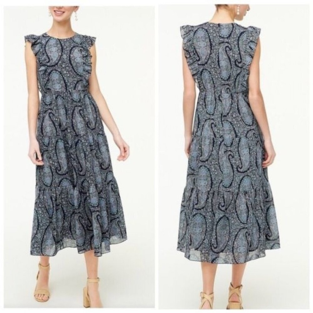 J. Crew Factory Paisley Midi Dress Tiered Ruffle Sleeveless Blue Green Size 4